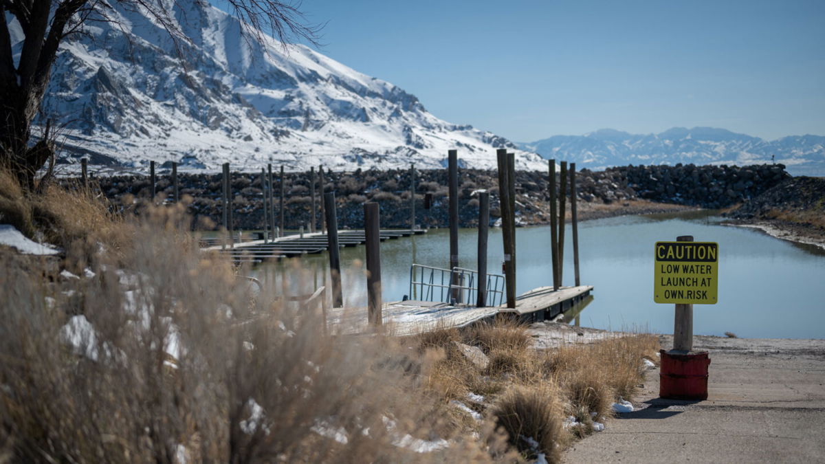 <i>James Roh/The Washington Post/Getty Images</i><br/>A sign warns boaters of low lake levels at a Great Salt Lake marina in Magna