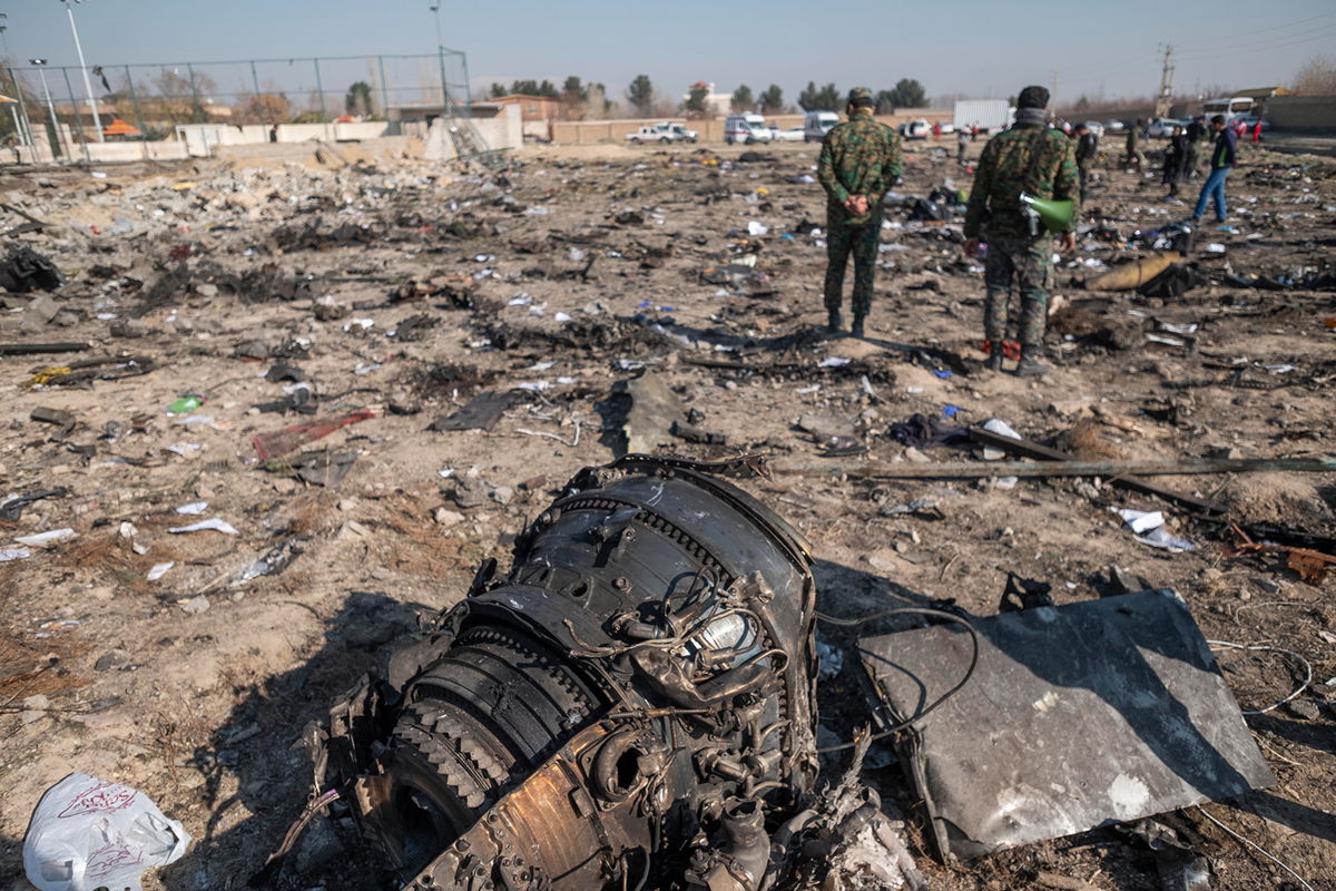 <i>Morteza Nikoubazl/NURPHO/AP</i><br/>A piece of wreckage from the Ukrainian flight PS752 International airlines is seen at the site of a crash about 50km south of Tehran.