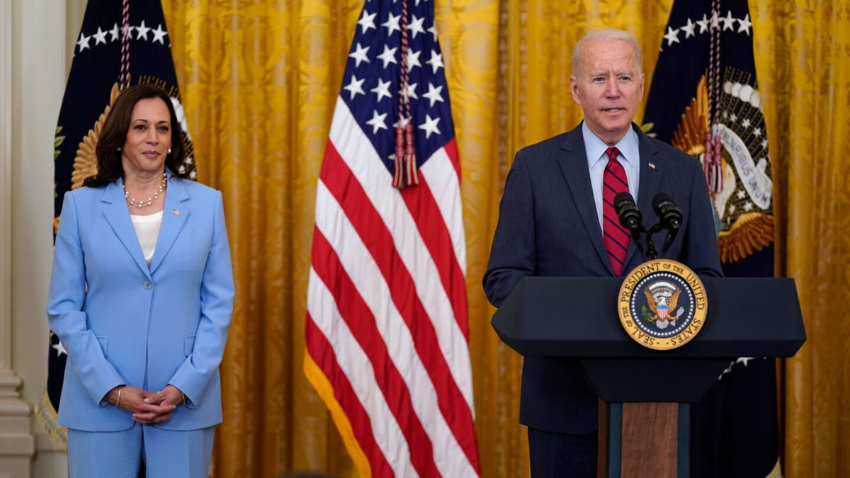 <i>Evan Vucci/AP</i><br/>President Joe Biden (right) speaks about infrastructure negotiations