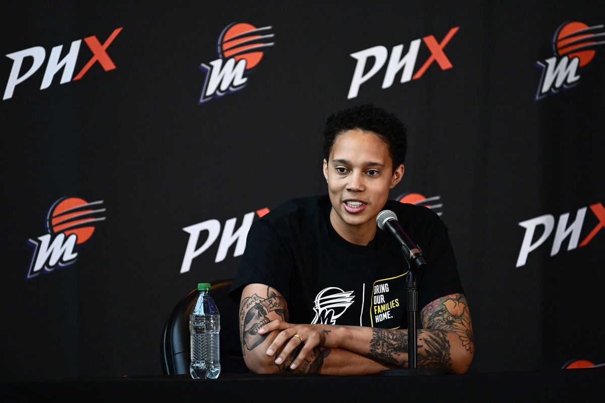 <i>Patrick T. Fallon/AFP/Getty Images</i><br/>Brittney Griner speaks during a news conference at the Footprint Center in Phoenix
