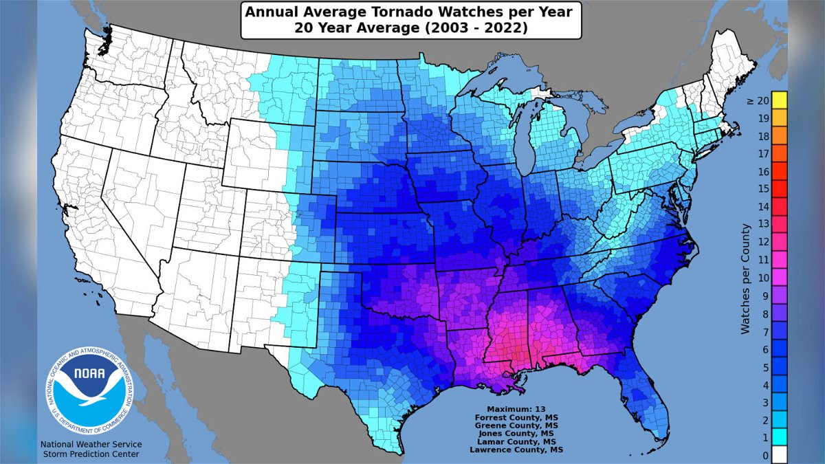 <i>NOAA</i><br/>Annual average tornado watches per year are seen here.