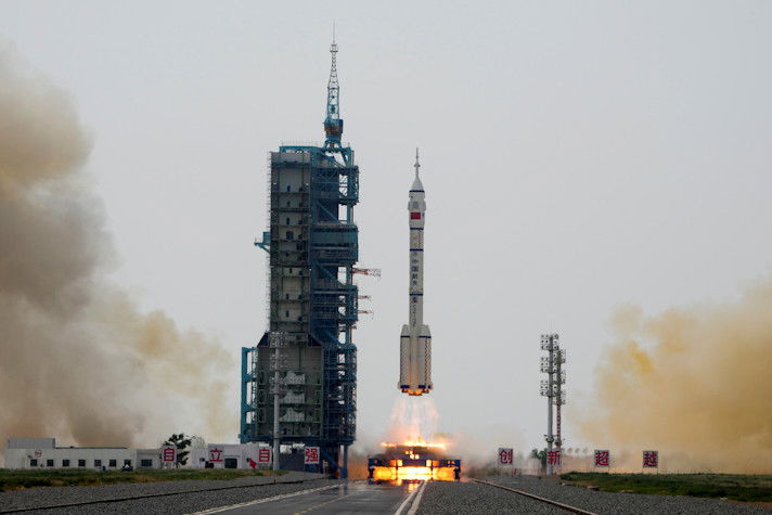 A Long March rocket carrying a crew of Chinese astronauts in a Shenzhou-16 spaceship lifts off at the Jiuquan Satellite Launch Center in northwestern China, Tuesday
