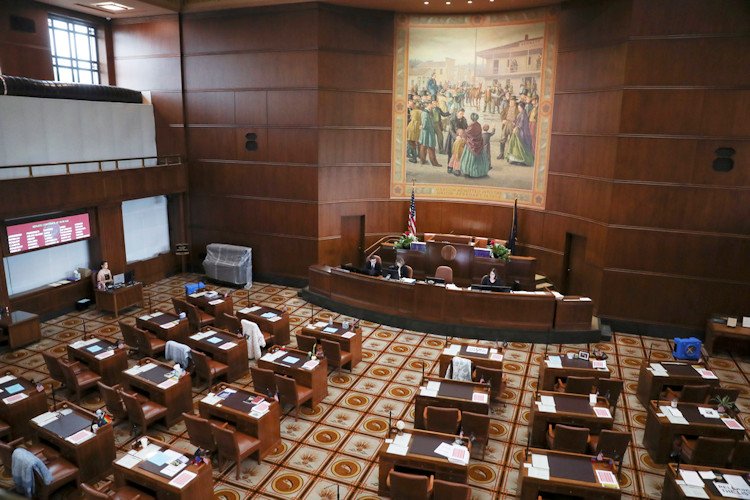 The Senate chambers sit nearly empty at the Oregon State Capitol in Salem on Thursday, May 4