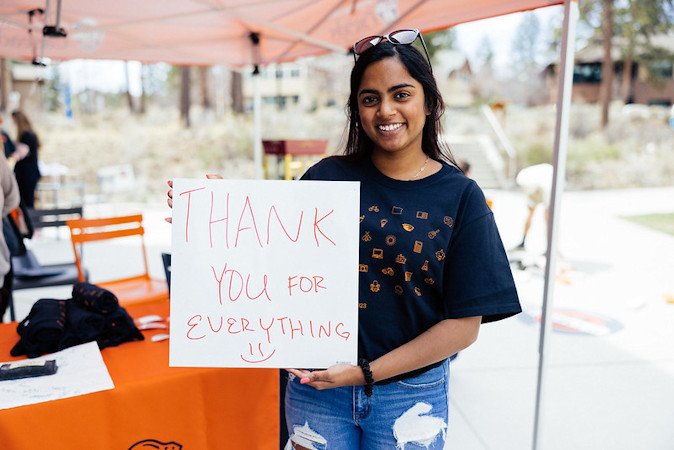 Students at Oregon State University - Cascades express appreciation for supporters who raised more than $95,000 for student scholarships and programs during Dam Proud Day 