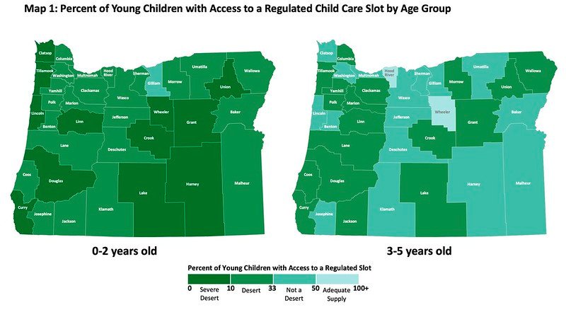 Since March 2020, eight of Oregon’s 36 counties have moved out of desert status for preschool-aged kids, and another eight became less severe deserts for infants and toddlers