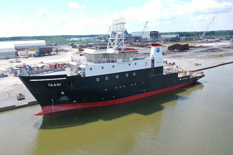 R/V Taani is docked in Houma, Louisiana after its launch. Once completed, the National Science Foundation-funded vessel will be operated by Oregon State University