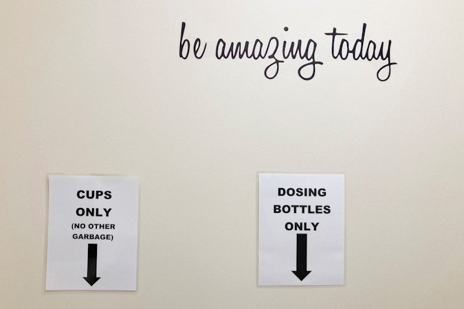 Signs at a Salem drug treatment center show where receptacles used to dispense methadone should be disposed of after use on Feb. 24, 2022,