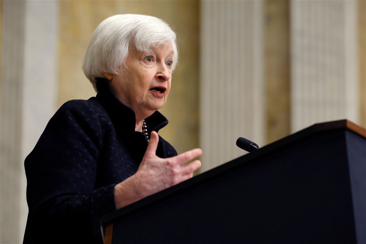 <i>Chip Somodevilla/Getty Images</i><br/>U.S. Treasury Secretary Janet Yellen holds a news conference in the Cash Room at the Treasury Department on April 11 in Washington