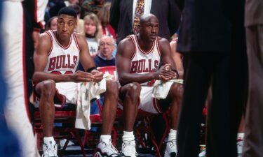 Pippen and Jordan look on during the game against the Milwaukee Bucks on January 17