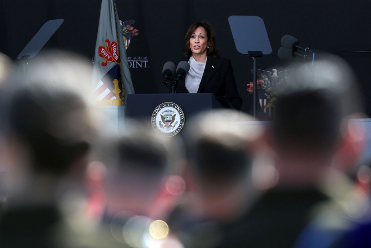 <i>Spencer Platt/Getty Images</i><br/>Vice President Kamala Harris delivers the keynote speech at Michie Stadium during West Point's graduation ceremony on May 27