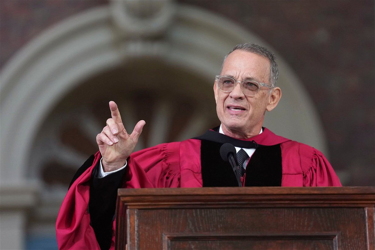 <i>Steven Senne/AP</i><br/>Tom Hanks delivers a commencement address during Harvard University commencement exercises on the school's campus on May 25.