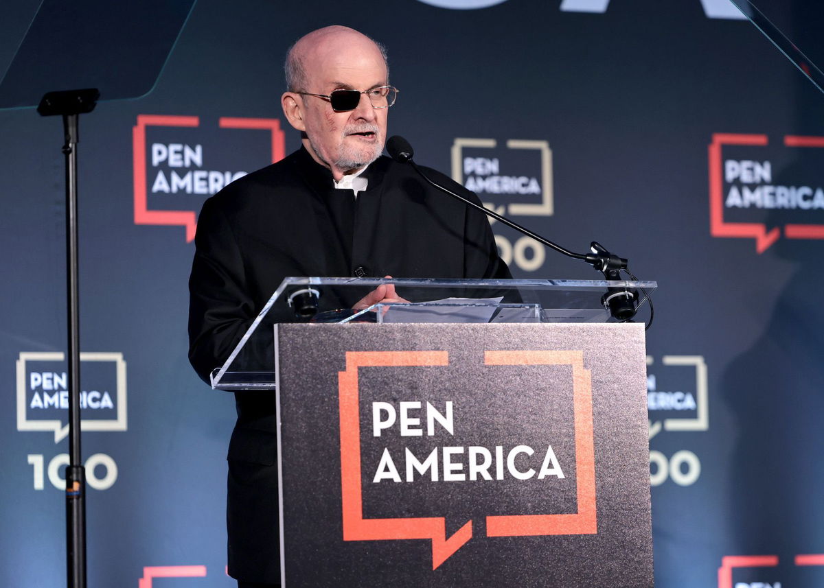 <i>Jamie McCarthy/Getty Images for PEN America</i><br/>Honoree Salman Rushdie speaks on stage at the 2023 PEN America Literary Gala on May 18