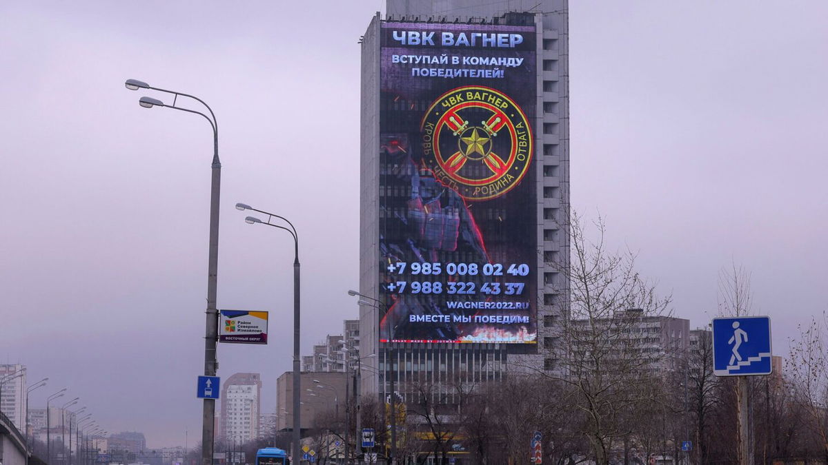 <i>Evgenia Novozhenina/Reuters</i><br/>The Wagner Group has been trying to ship equipment for use in Ukraine through Mali. An advertising screen to join the Wagner Group is on display in Moscow