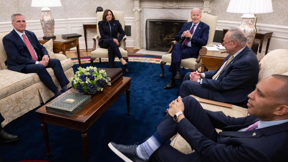 <i>Saul Loeb/AFP/Getty Images</i><br/>President Joe Biden speaks during a meeting on the debt limit with House Speaker Kevin McCarthy