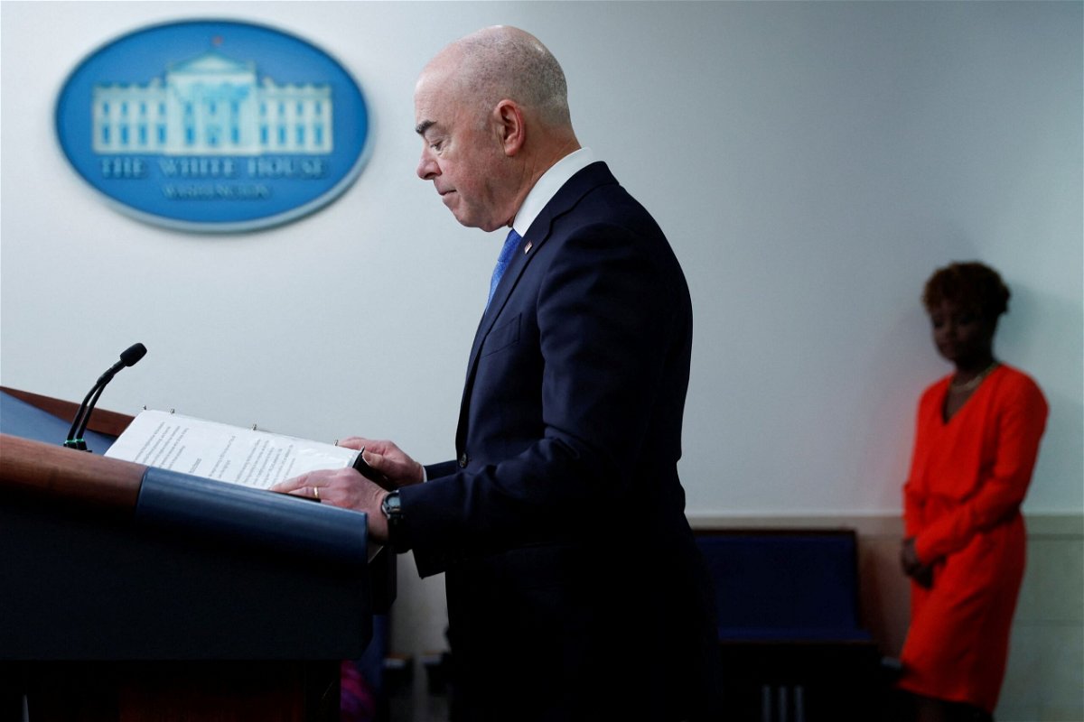 <i>Jonathan Ernst/Reuters</i><br/>Homeland Security Secretary Alejandro Mayorkas joins the daily press briefing at the White House in Washington