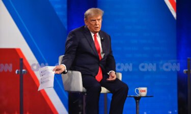 Former President Donald Trump participates in a CNN Republican Town Hall moderated by CNN's Kaitlan Collins at St. Anselm College in Manchester