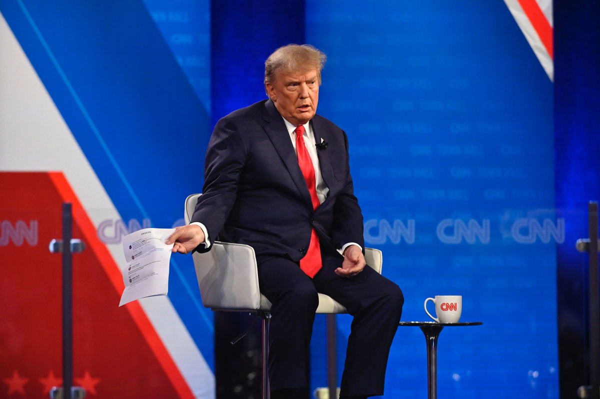 <i>Will Lanzoni/CNN</i><br/>Former President Donald Trump participates in a CNN Republican Town Hall moderated by CNN's Kaitlan Collins at St. Anselm College in Manchester