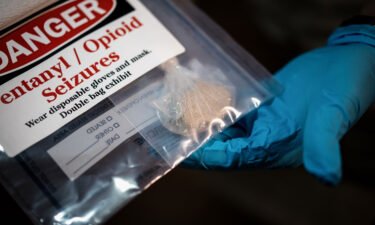 This image shows an evidence bag containing seized heroin at the Volusia County Sheriff's Office Evidence Facility in Daytona Beach
