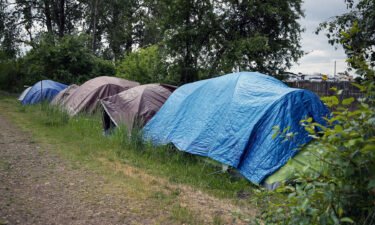 A homeless camp is seen at Cascades Gateway City Park on Friday