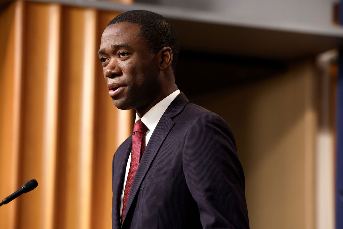 <i>Anna Moneymaker/Getty Images</i><br/>Deputy Treasury Secretary Wally Adeyemo speaks at a news conference on recent enforcement actions against cryptocurrency at the U.S. Justice Department Building on January 18 in Washington