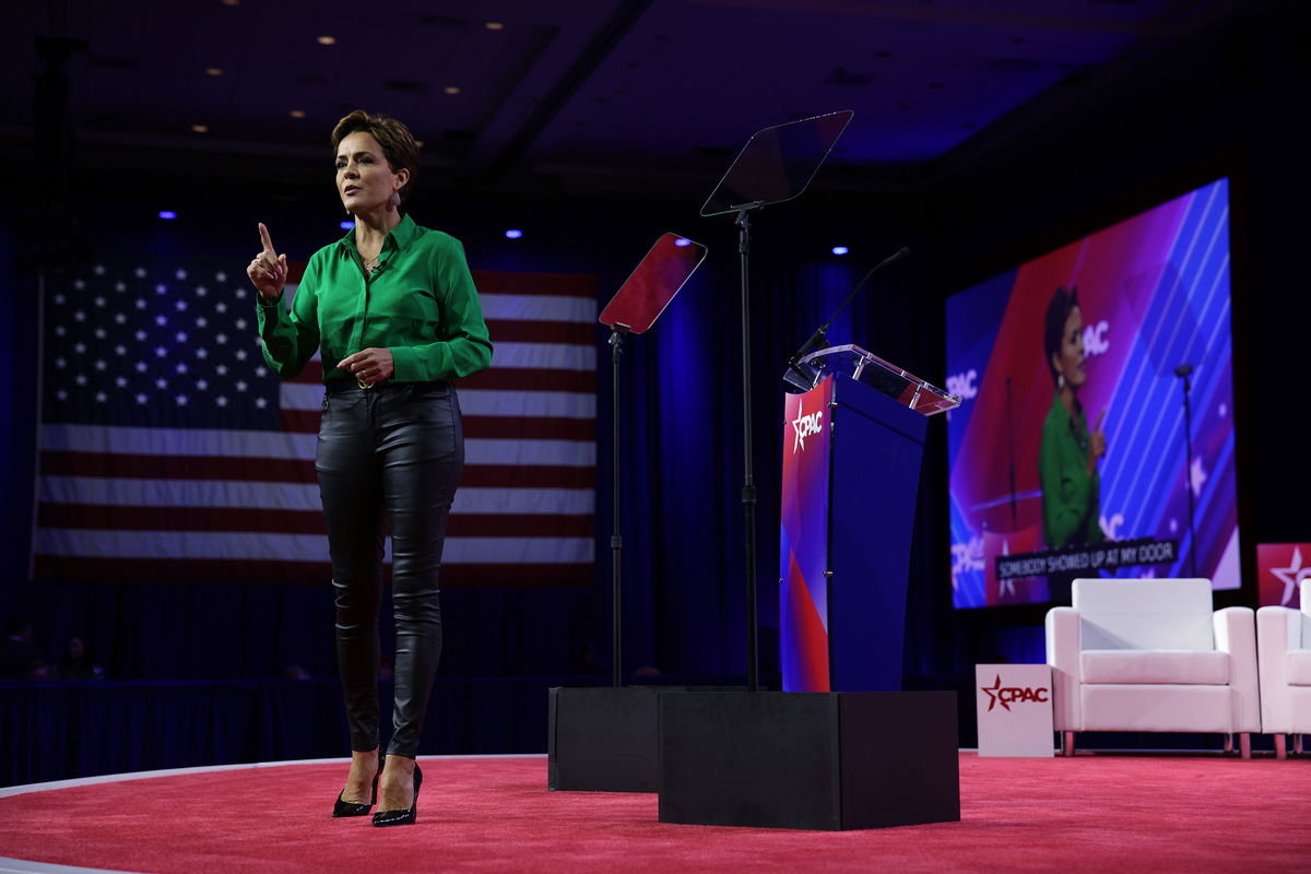 <i>Alex Wong/Getty Images</i><br/>Former Arizona Republican gubernatorial candidate Kari Lake speaks during the annual Conservative Political Action Conference on March 4