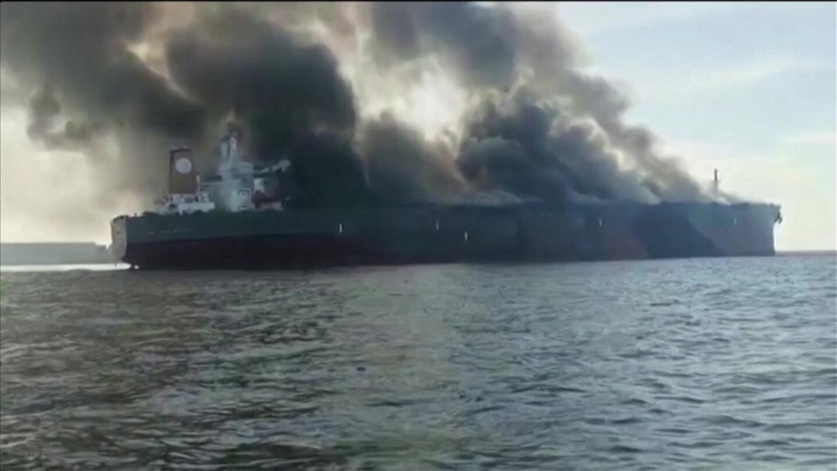 <i>Maylaysia Maritime Enforcement Agency/Reuters</i><br/>The oil tanker caught fire in waters off the coast of southern Malaysia on Monday