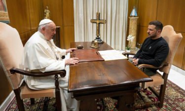 Pope Francis (left) meets with Ukrainian President Volodymyr Zelensky during a private audience at the Vatican on May 13.