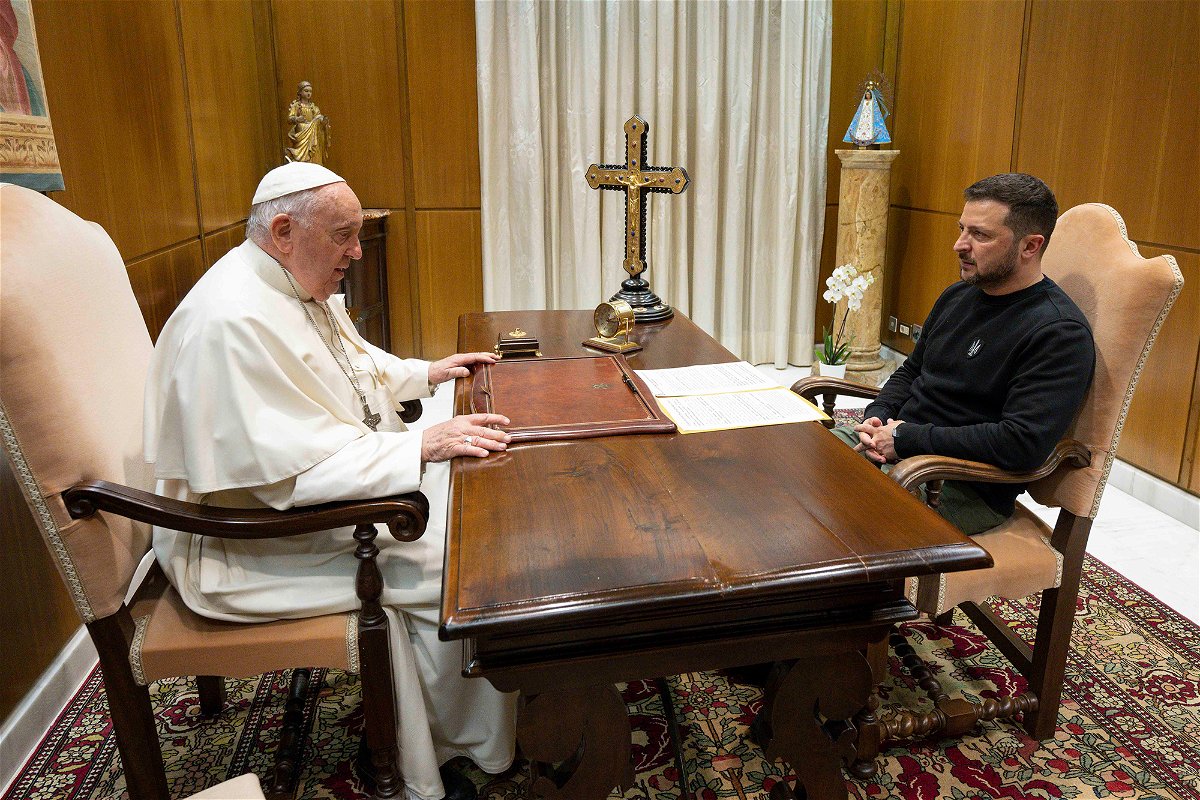 <i>Vatican News/AP</i><br/>Pope Francis (left) meets with Ukrainian President Volodymyr Zelensky during a private audience at the Vatican on May 13.