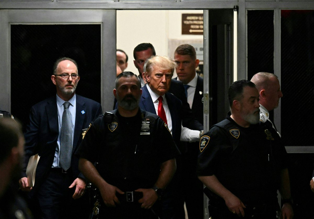 <i>Ed Jones/AFP/Getty Images</i><br/>Former US President Donald Trump is seen here inside the Manhattan Criminal Courthouse in New York on April 4. A New York judge will hear arguments on May 4 over a proposed protective order in Trump's criminal case.