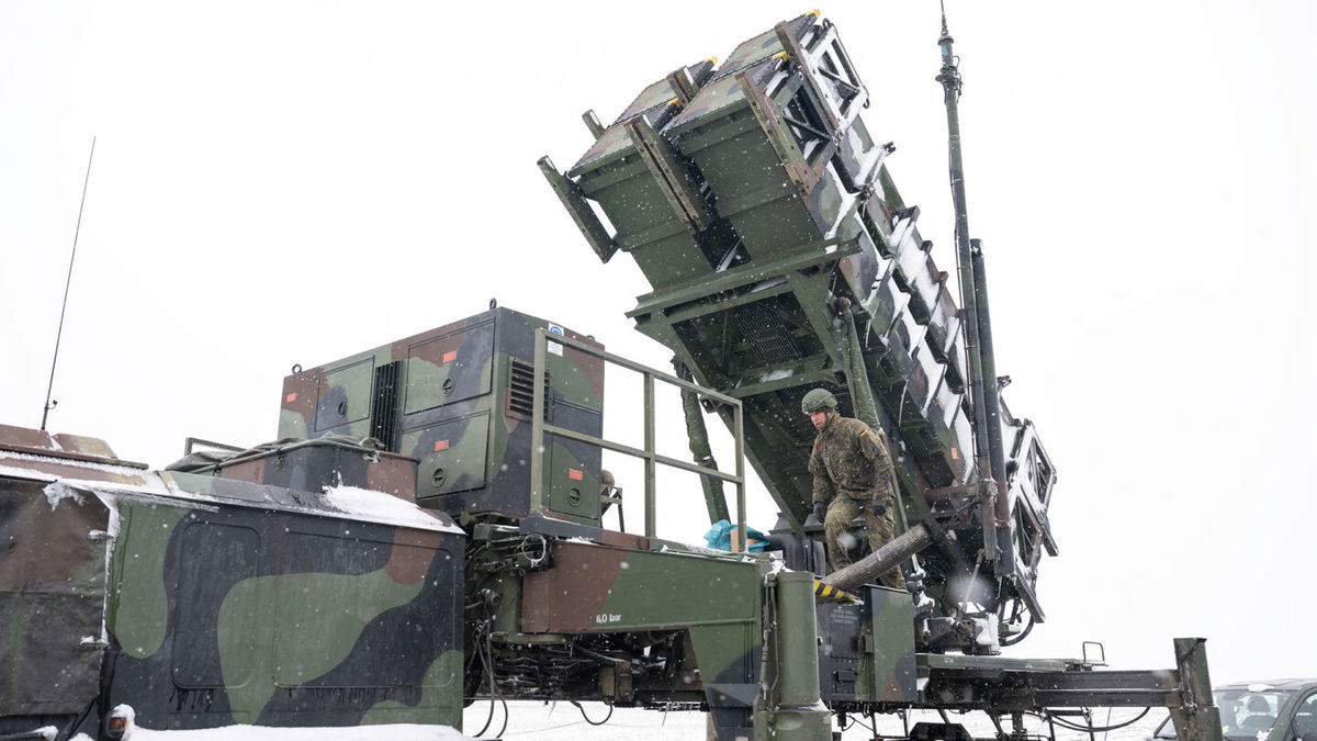 <i>Sebastian Kahnert/dpa/Getty Images</i><br/>This file photo shows a soldier standing on a trailer with launching pads for guided missiles of the Patriot air defense system in southeastern Poland. Russia tried to destroy a US-made Patriot air defense system in Ukraine last week with a hypersonic missile.