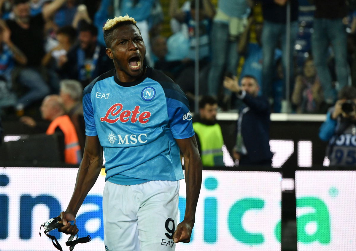 <i>Jennifer Lorenzini/Reuters</i><br/>Victor Osimhen celebrates scoring the goal which secured Napoli's third Serie A title.