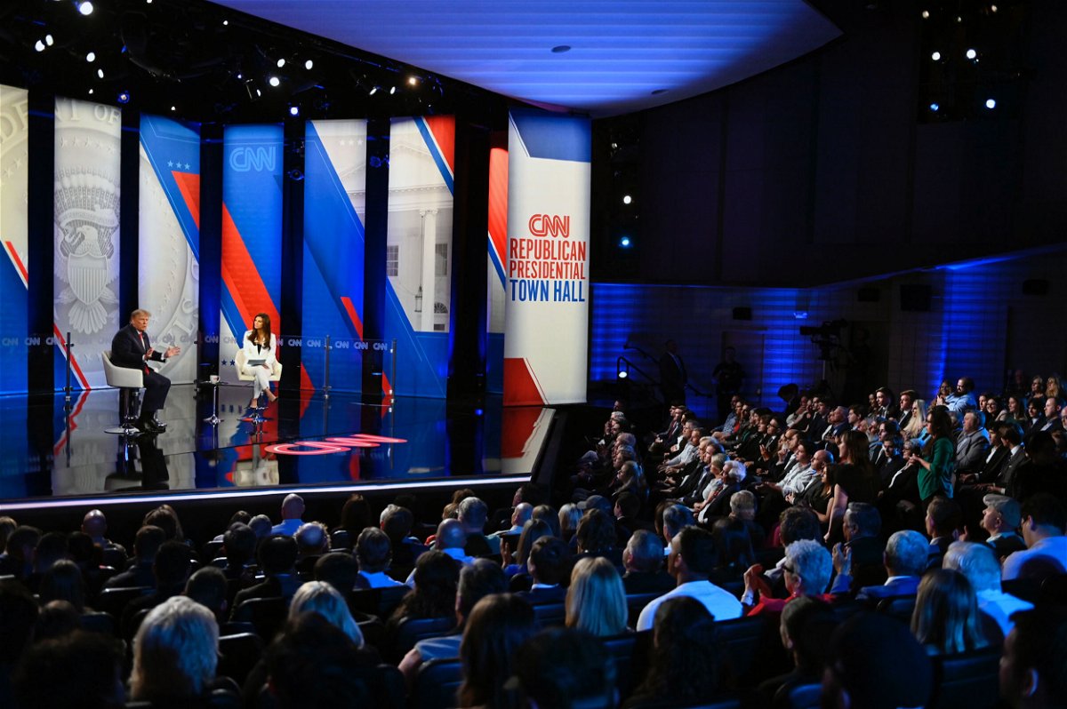<i>Will Lanzoni/CNN</i><br/>Former President Donald Trump participates in a CNN Republican Town Hall moderated by CNN's Kaitlan Collins at St. Anselm College in Goffstown
