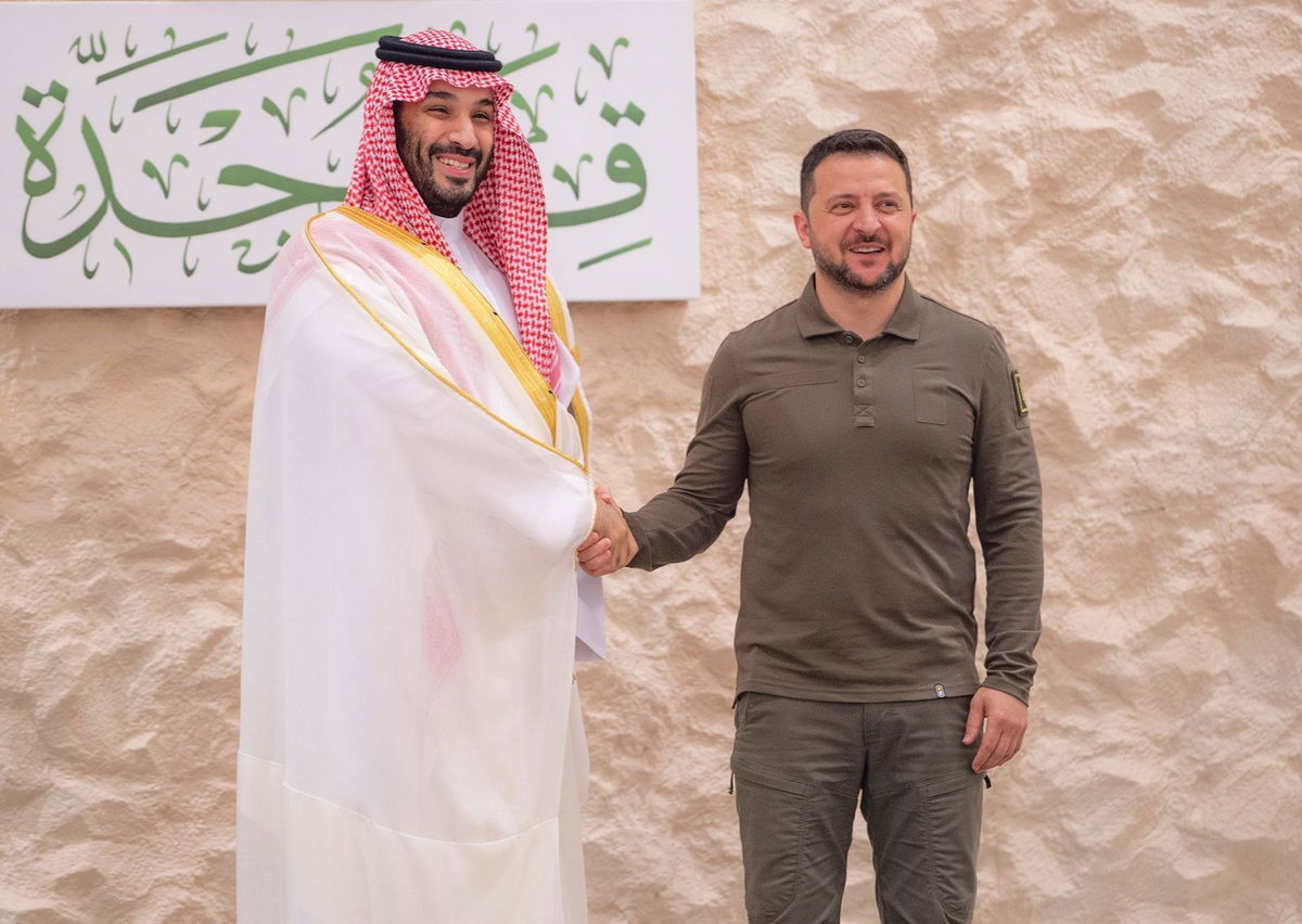 <i></i><br/>Saudi Arabia Crown Prince Mohammed bin Salman greets Ukrainian President Volodymyr Zelensky at the Arab League Summit in Jeddah on Friday.