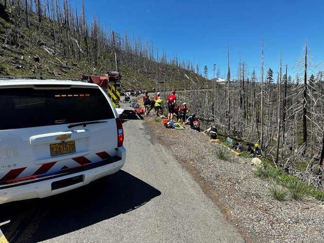 Rescuers and fellow cyclists lifted an injured cyclist up 15-foot cliff off Hwy. 242, the McKenzie Pass Hwy. on Sunday
