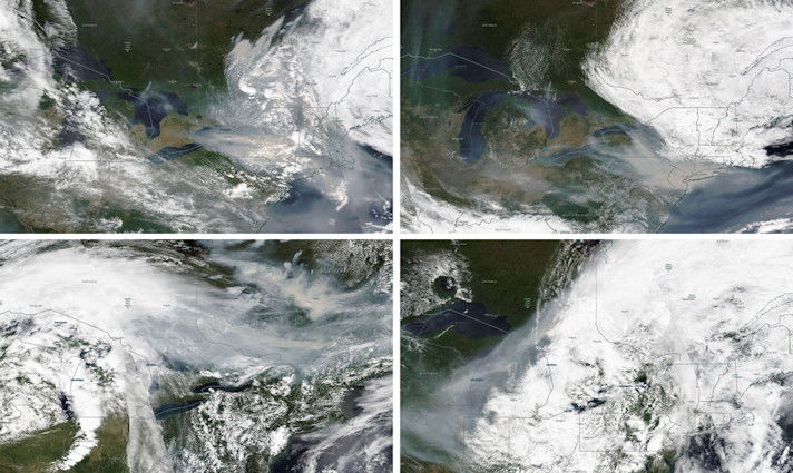 These satellite images from June 6, from top left, June 7, June 25, and June 27, 2023, show the wind movement from wildfire smoke in Quebec, Canada. Heavy smoke from wildfires in Canada has blanketed parts of the Midwest, causing hazardous air for residents, just weeks after drifting smoke did the same thing along parts of the East Coast