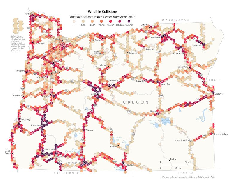 Map of deer collisions in Oregon. Mule deer have no choice but to follow their migration routes across busier highways in eastern Oregon. ODFW’s extensive research tracking GPS-collared mule deer will help address connectivity problems in their habitat