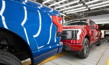 Ford F-150 Lightning pickup trucks are shown at the Ford Rouge Electric Vehicle Center on April 26