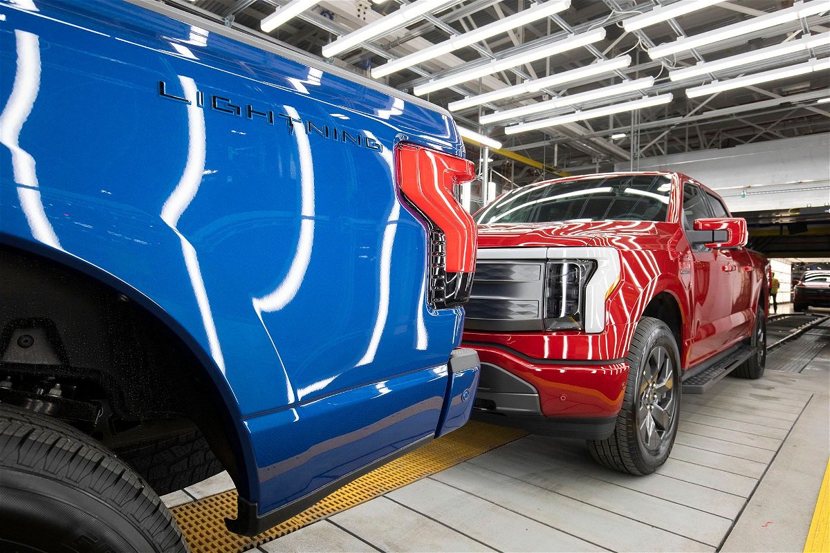 <i>Bill Pugliano/Getty Images</i><br/>Ford F-150 Lightning pickup trucks are shown at the Ford Rouge Electric Vehicle Center on April 26