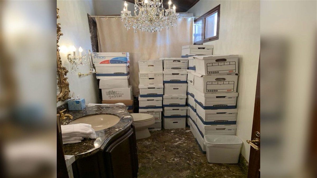 <i>US District Court/Southern District of Florida</i><br/>Boxes of classified documents are stored inside a bathroom and shower inside the Mar-a-Lago Club's Lake Room in this photo included in Donald Trump's federal indictment.