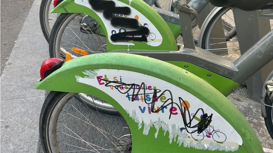 <i>Xiaofei Xu/CNN</i><br/>The bikes have been targeted with stickers opposing abortion rights.