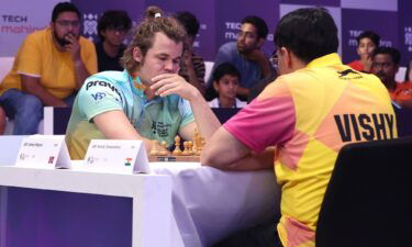 Magnus Carlsen of SG Alpine Warriors plays against Viswanathan Anand of Ganges Grandmasters during the Global Chess League event in Dubai.