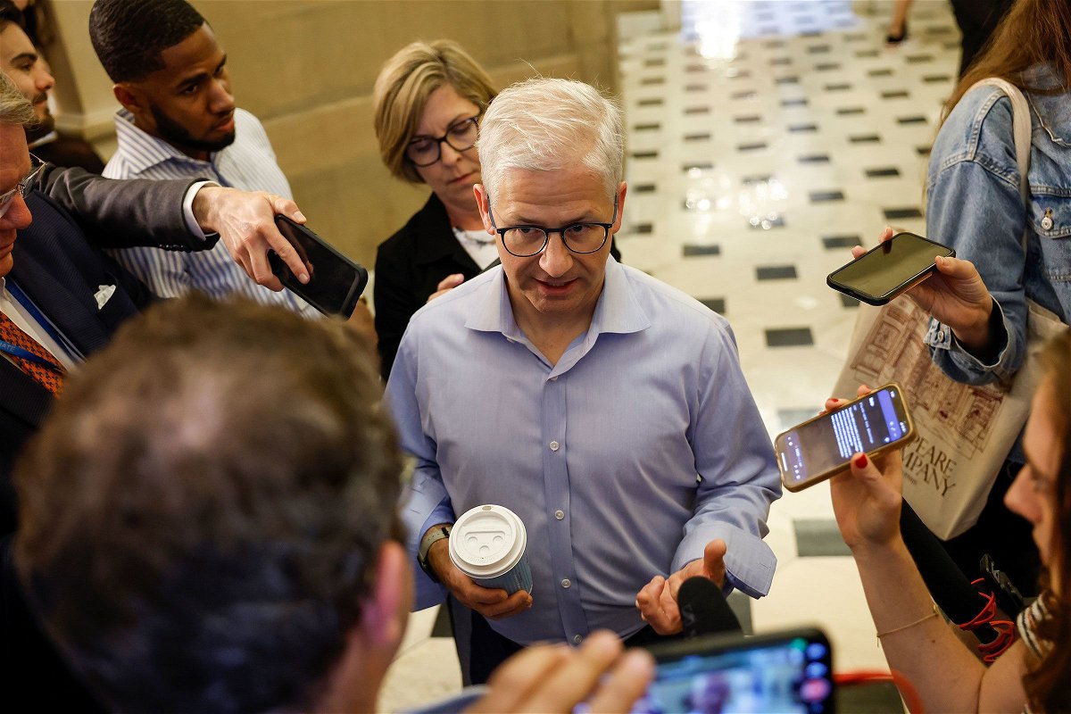 <i>Anna Moneymaker/Getty Images</i><br/>Rep. Patrick McHenry speaks to reporters outside of the office for House Speaker Kevin McCarthy in the US Capitol Building on May 30.