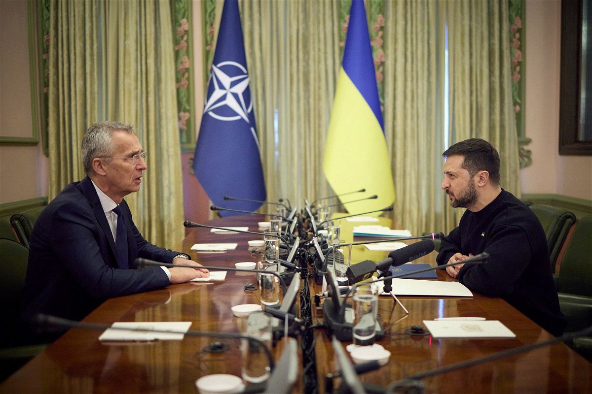<i>Ukrainian Presidential Press Service/Reuters</i><br/>NATO Secretary-General Jens Stoltenberg (left) and Ukraine's President Volodymyr Zelensky meet in Kyiv