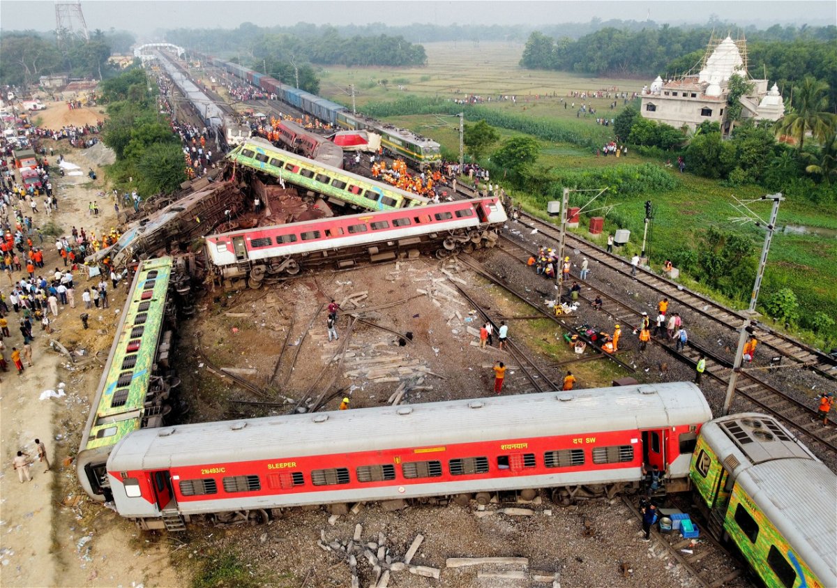 <i>Stringer/Reuters</i><br/>An aerial view of the derailed coaches in Balasore.