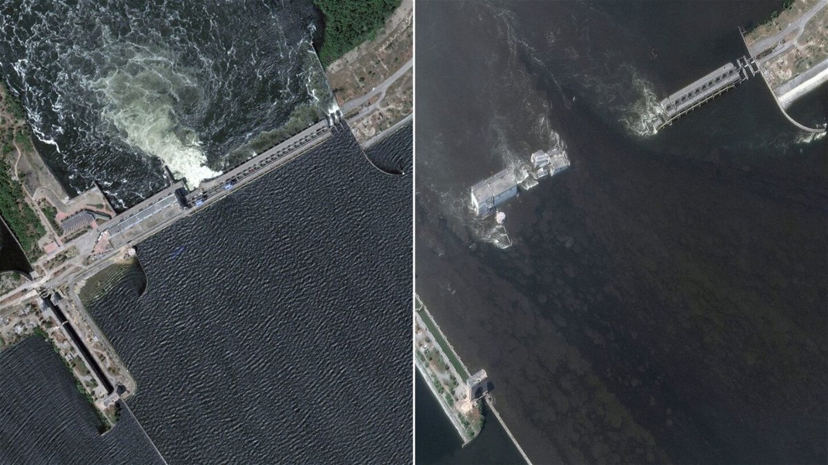 <i>Maxar Technologies/Reuters</i><br/>Satellite images of the Nova Kakhovka dam before its collapse (left