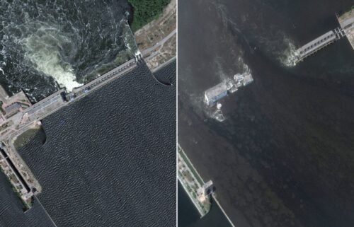 Satellite images of the Nova Kakhovka dam before its collapse (left