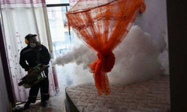 A worker fumigates a house against the Aedes aegypti mosquito to prevent the spread of dengue fever in a neighborhood in Piura