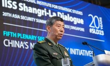 Chinese Defense Minister Gen. Li Shangfu delivers his speech on the last day of the Shangri-La Dialogue in Singapore on June 4. Li on Sunday accused the United States and its allies of trying to destabilize the Indo-Pacific.
