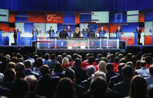 Guests watch candidates speak during the first Republican presidential debate of the 2016 campaign cycle in Cleveland on August 6