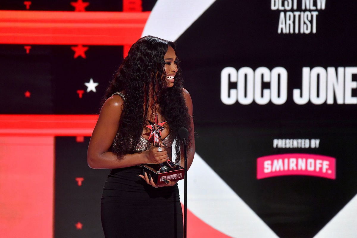 <i>Paras Griffin/Getty Images</i><br/>Coco Jones accepts the Best New Artist award at the BET Awards Sunday in Los Angeles.